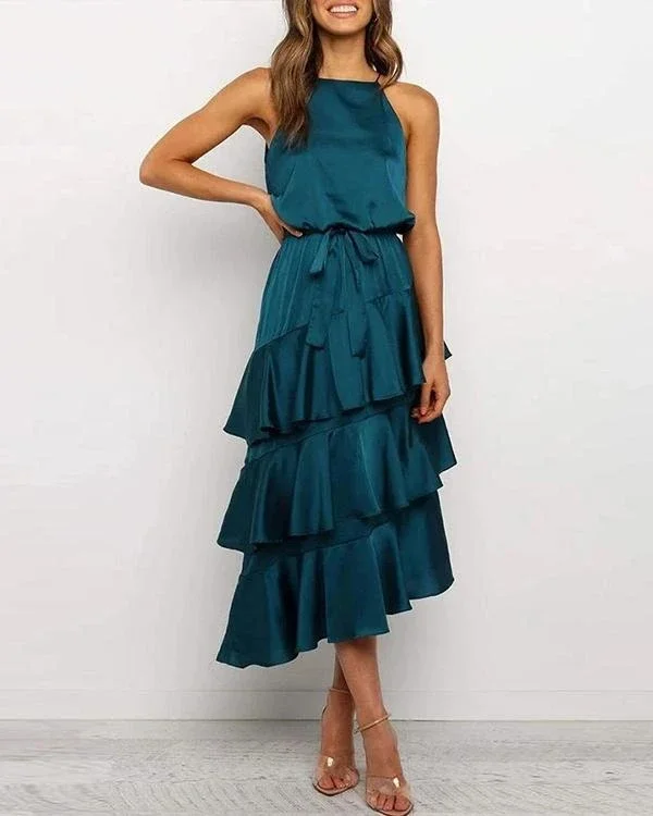 elegant solid irregular layered skirt tie waist maxi dress p119386