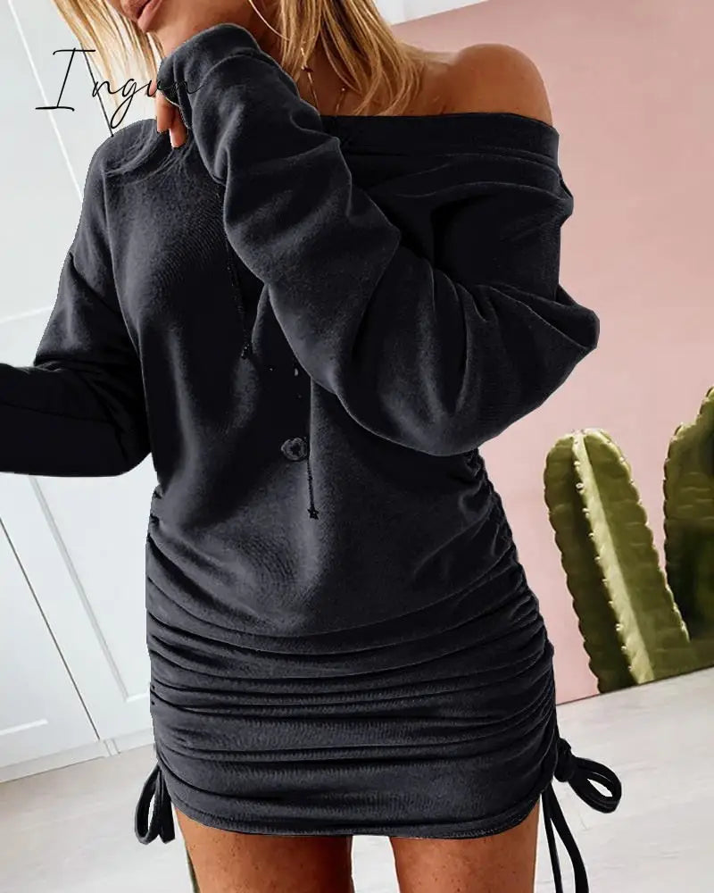 Ingvn - Women Sexy Mini Dress Casual Ruffled Drawstring Solid Pencil Autumn Long Sleeve Off