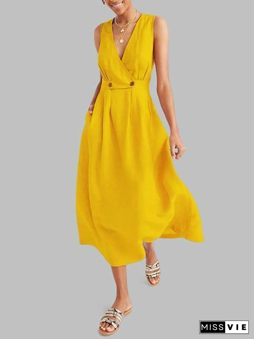 Sexy Elegant V Neck Solid Color Sleeveless Dress