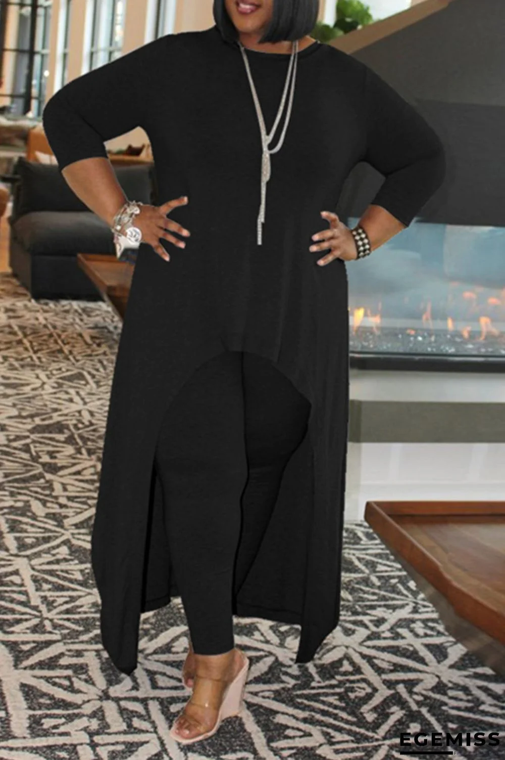 Black Fashion Casual Solid Asymmetrical O Neck Plus Size Two Pieces | EGEMISS