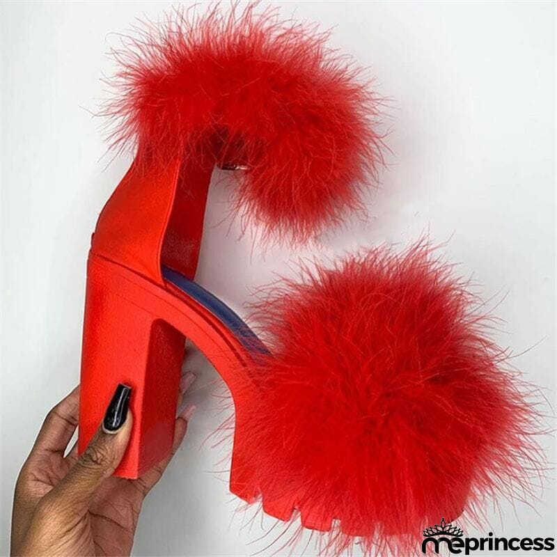 Fashion Fluffy Chunky Heel Pumps Sandals for Women