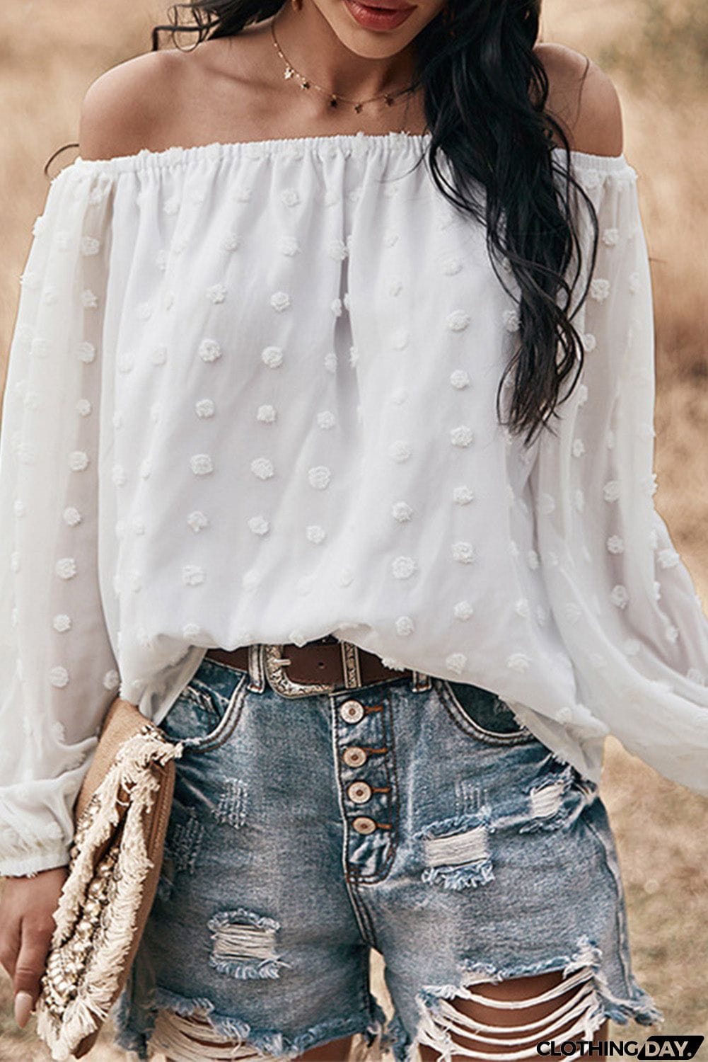 Off Shoulder Swiss Dot Blouse