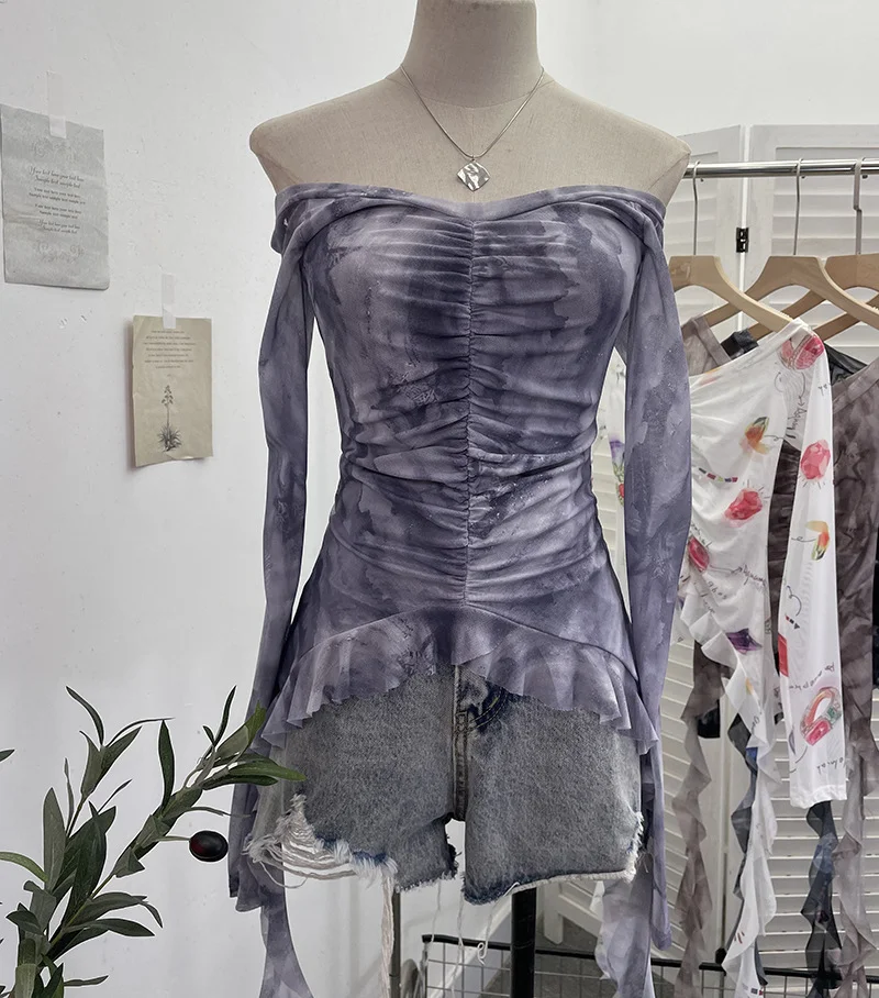 Uveng Real Shot One-字 Collared Shoulder Long-Sleeved Mesh Printing Top Irregularly Folded Lotus Leaves With Short T-Shirt 9937