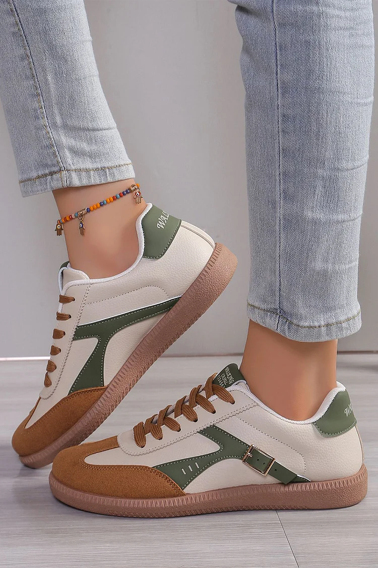 Colorblock Strap Buckle Decor Round Toe Casual Lace Up Sneakers