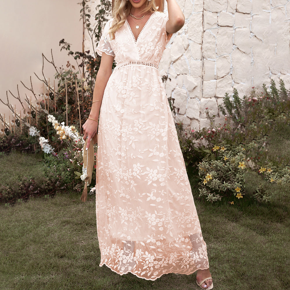 Beyprern Women Embroidery Elegant Female Hollow Out Holiday V Neck Short Sleeve Boho Dress