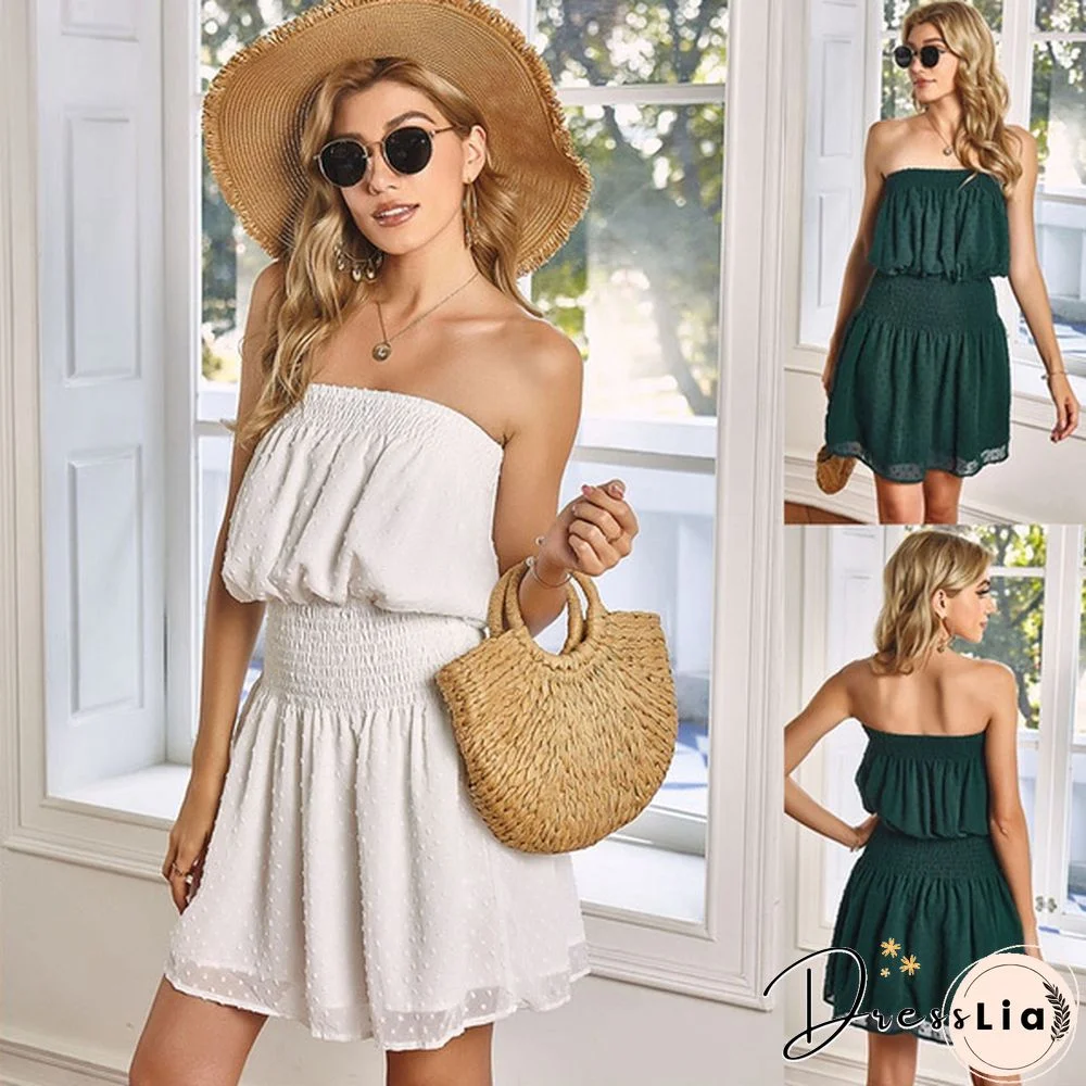 Summer Fashion Solid Strapless White Dress Tunic Waist Slim Mini Beach Dress Womens Elegant Dresses