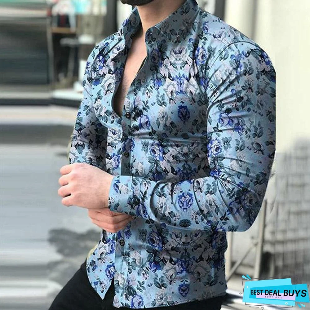 Men Fashion Spring Autumn Long Sleeve Floral Printed Shirts