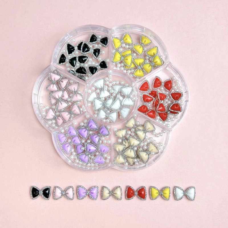 7-Grid Mixed Bow Pearl Nail Beauty Ornament Girl’s Style Mini Small Bow Tie Nail Material Package Box