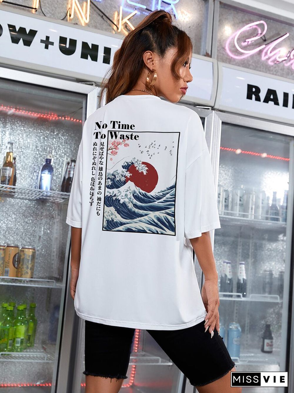 Japanese Graphic FallingShoulders Street T-Shirt Women All-Match Cotton Summer Tops
