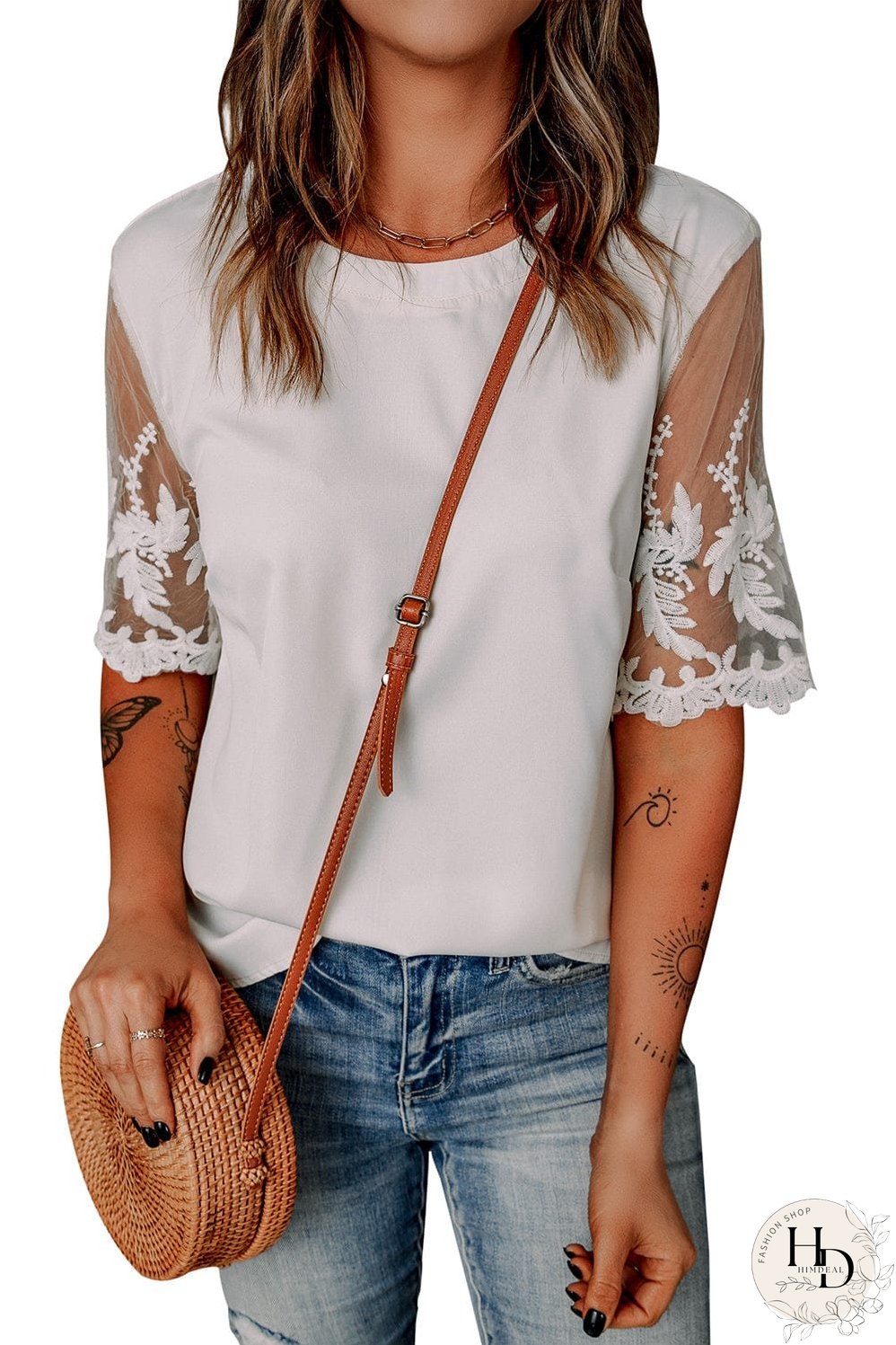 Sheer Floral Lace Short Sleeve Black Top