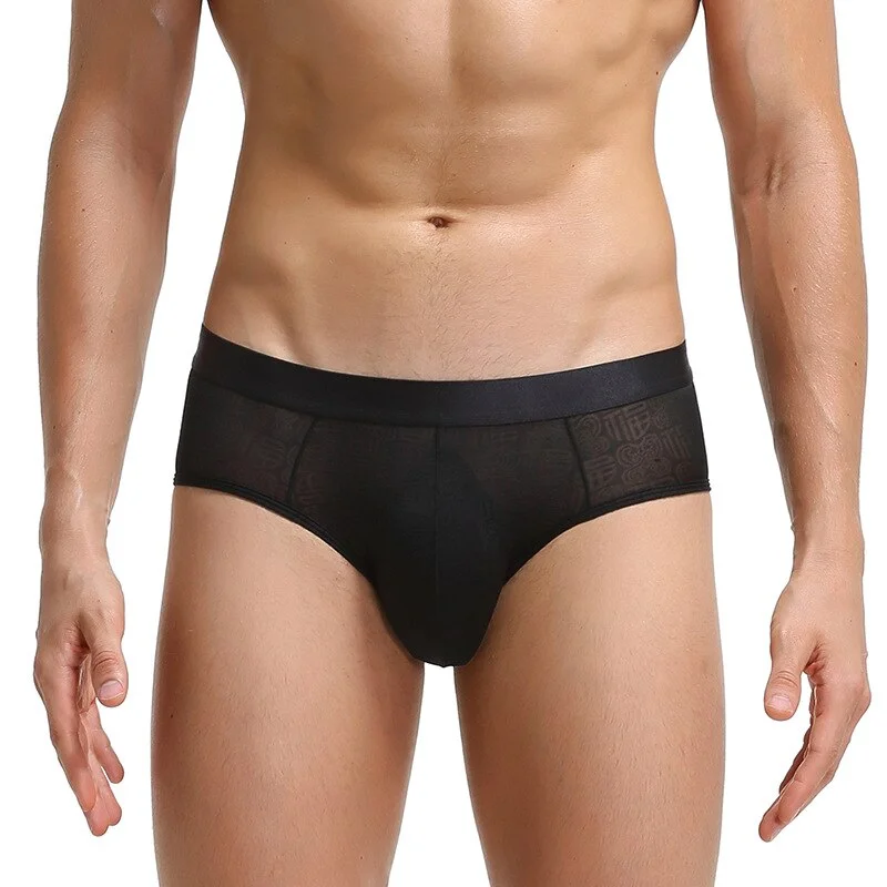 Aonga Super Soft Underwear Ice Silk Sheer Transparent Mesh Men's Briefs Printed Shorts Comfortable  Exotic Low-Waist Underpants