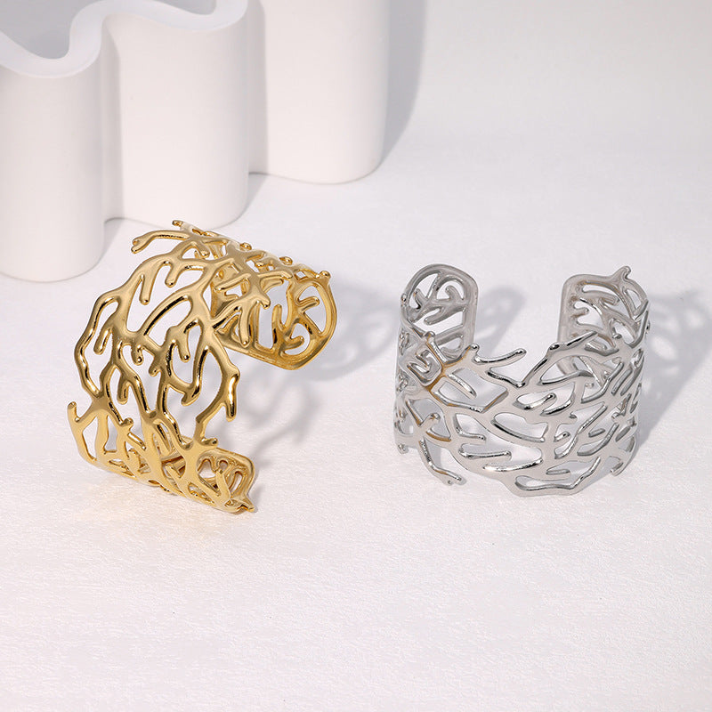 Exquisite Retro Irregular Hollow Bracelet Wide Version Personality Exaggerated Ins Stainless Steel Bracelet Female