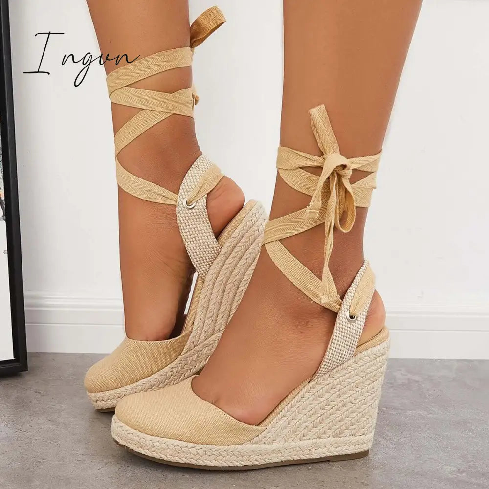 Ingvn - Lace Up Espadrille Wedges Platform Heel Singback Sandals Camel / 5 Heels