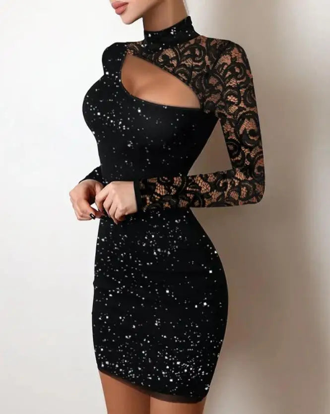 Aiertu Evening Dresses for Women New Elegant Sexy Party Wedding Guest Glitter Contrast Lace Cutout Long Sleeve Bodycon Mini Dress aiertu