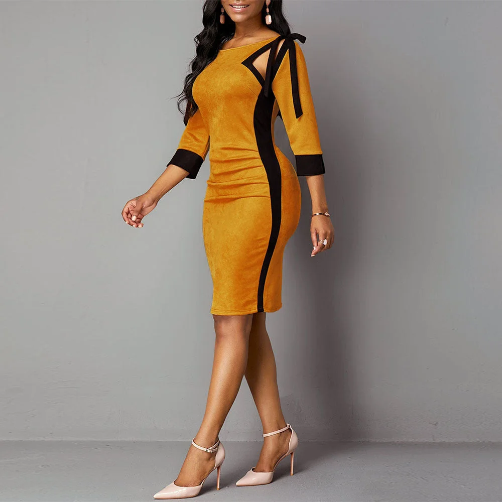 Women's Pencil Dress Round Neck Hollow Out 3/4 Sleeve Bow Tie Bodycon Dress