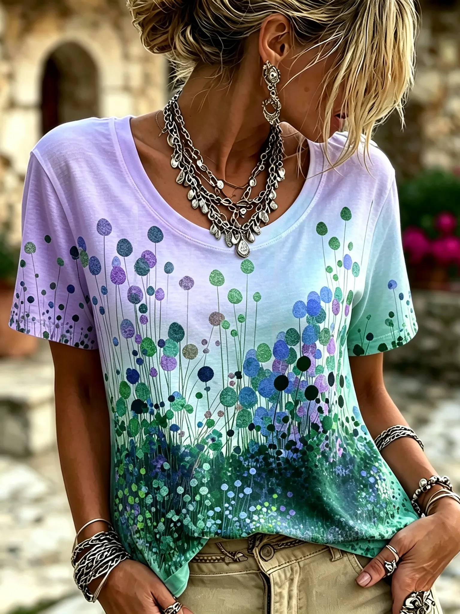 Comstylish Women's Retro Bohemian Floral Print T-shirt