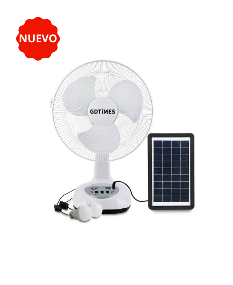 VENTILADOR RECARGABLE + PANEL SOLAR Y BOMBILLAS LED