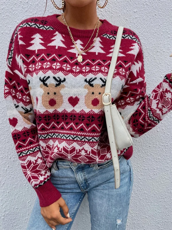 New red Christmas pullover festive Christmas tree elk pullover sweater Flusfy