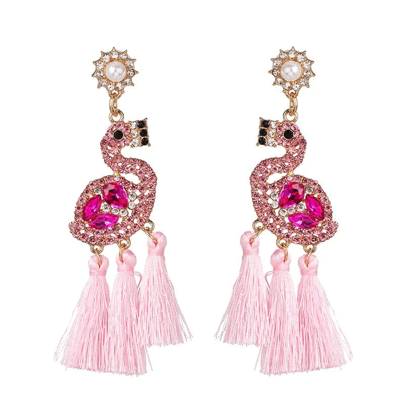 Dvacaman Bohemian Cute Fashion Animal Parrot Bird Drop Earrings Women Shiny Rhinestone Fringed Statement Tassel Earrings Jewelry