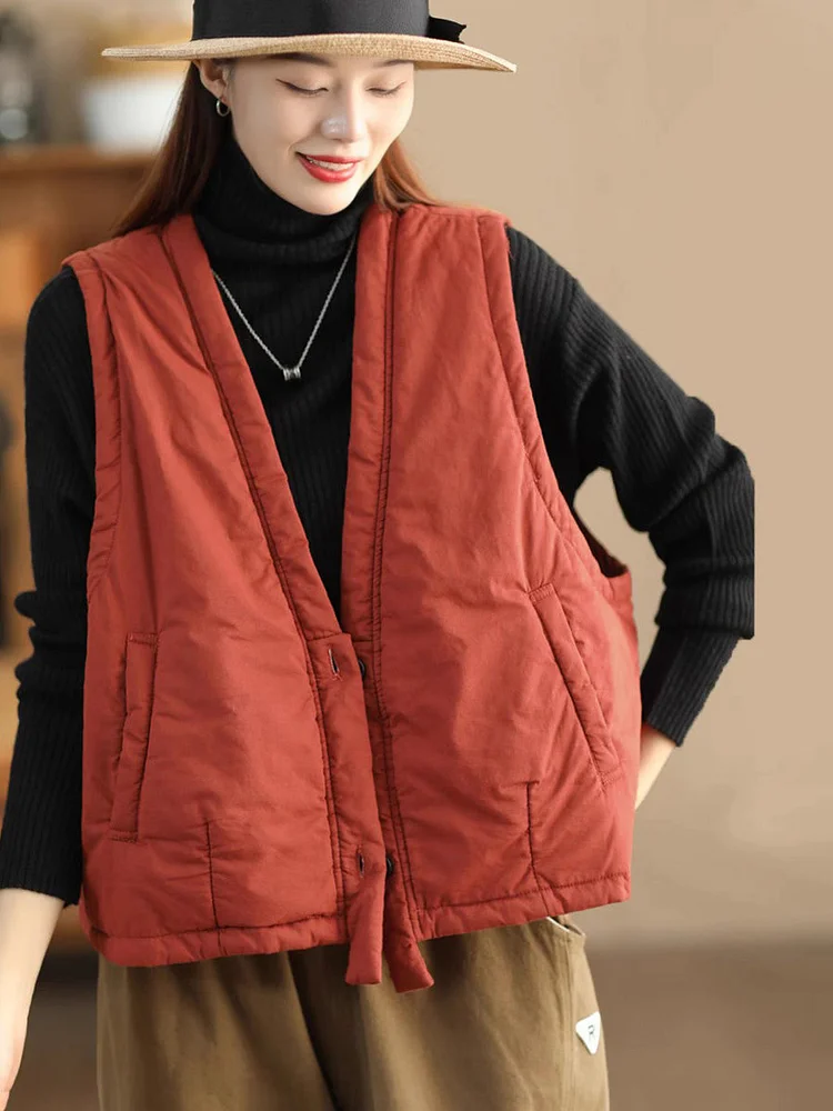 Women Vintage Solid Autumn Warm Vest Coat