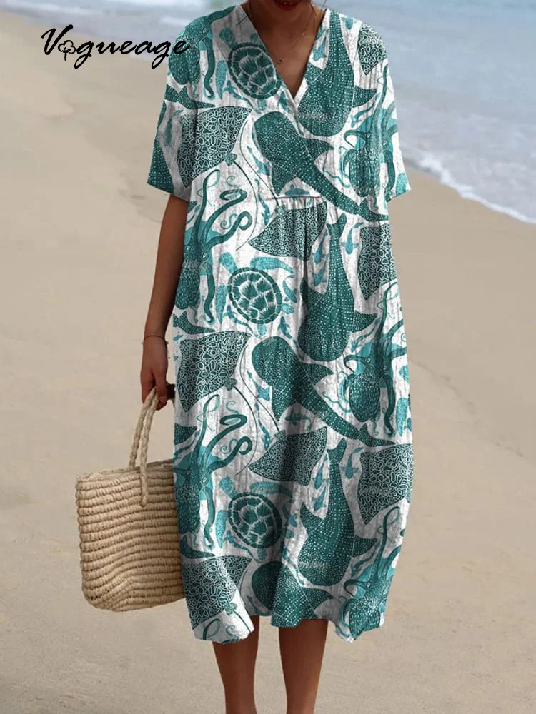Simple Casual Fashion Little Dolphin Turtle Printed Women's Casual Cotton And Linen Dress