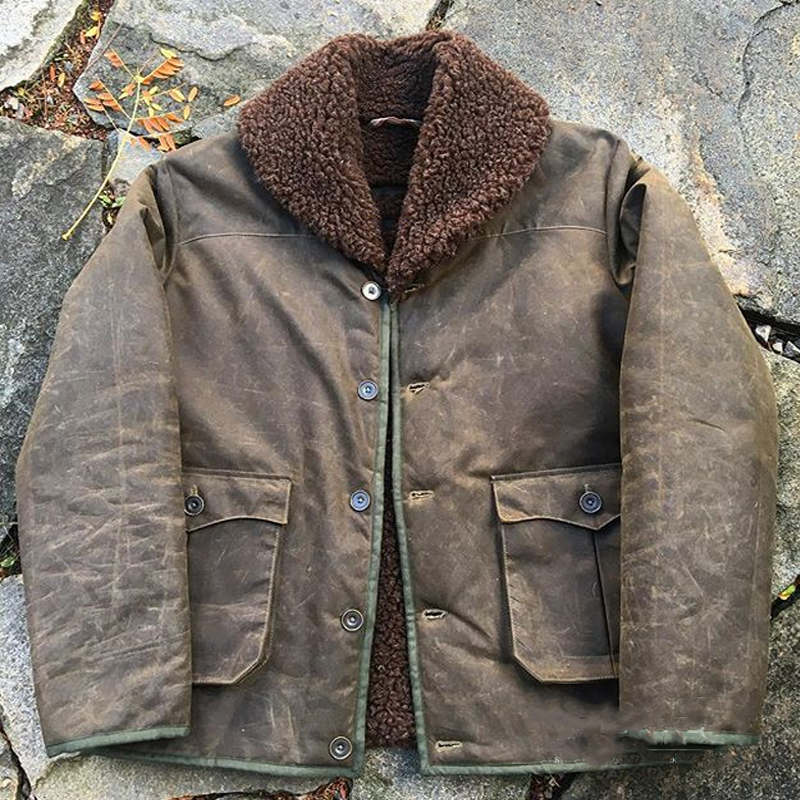 Vintage Lambswool-Lined Cotton Oil-Waxed Green Fruit Collar Jacket