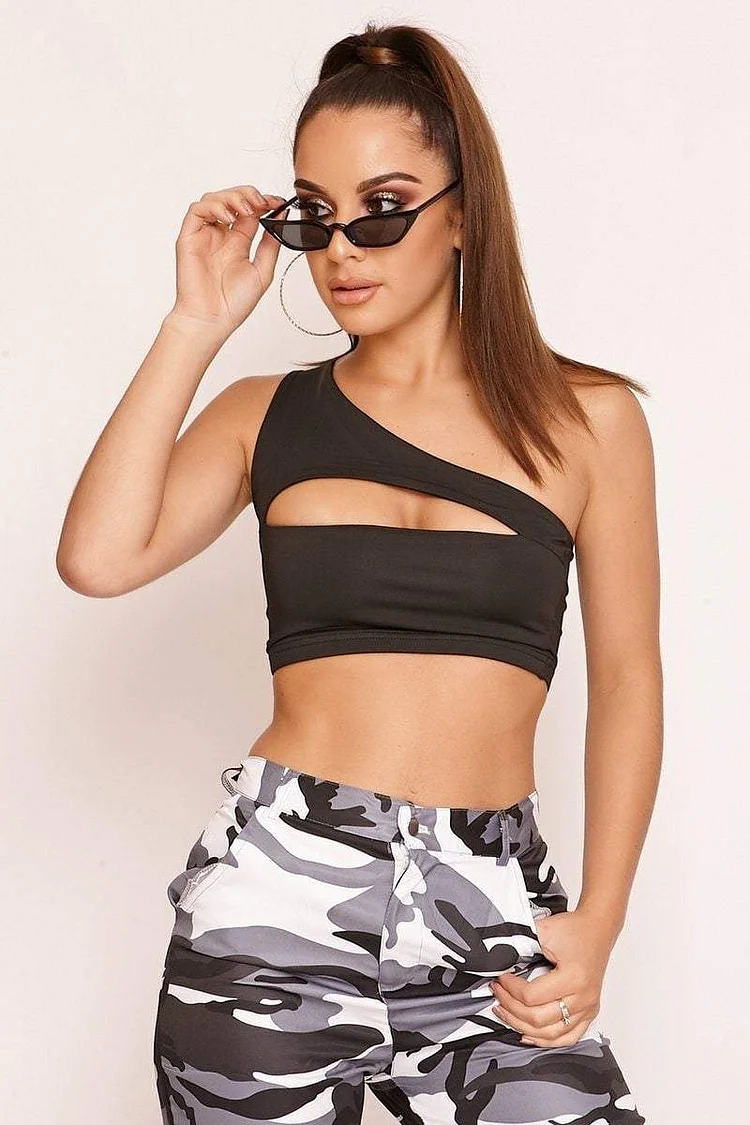 Black Asymmetric Cut Out Crop Top Katch Me