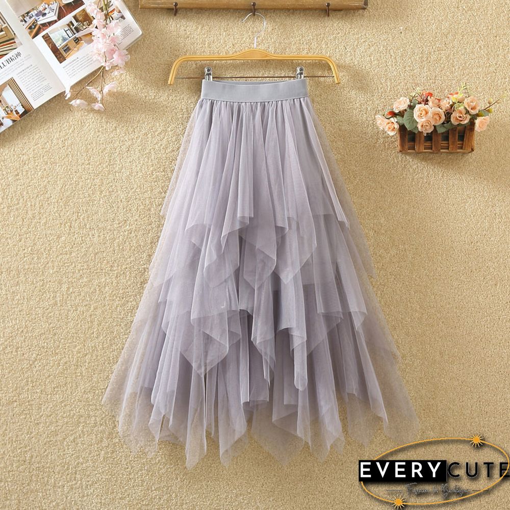 Women Irregular Tulle Skirts Fashion Elastic High Waist Mesh Tutu Skirt Pleated Long Skirts Midi Skirt Saias Faldas Jupe Femmle