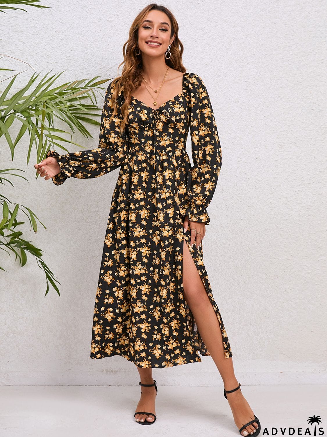 Flounce Sleeve Slit Midi Dress