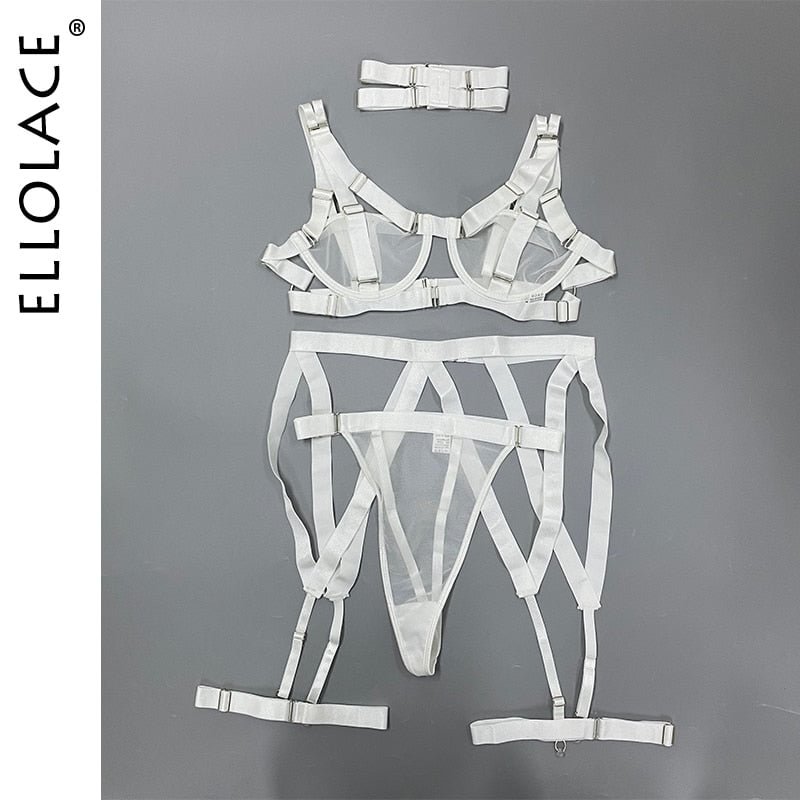 Ellolace Lingerie Sexy Hollow Out 3-Piece Underwear Transparent Lace Erotic Brief Sets Bra Kit Push Up Garters Bilizna Set