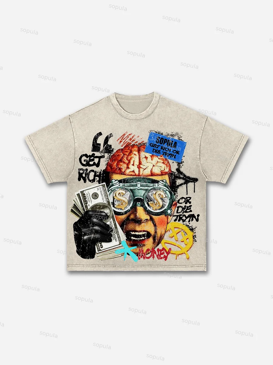 Get Rich Money Portrait Print Acid Wash T-shirt