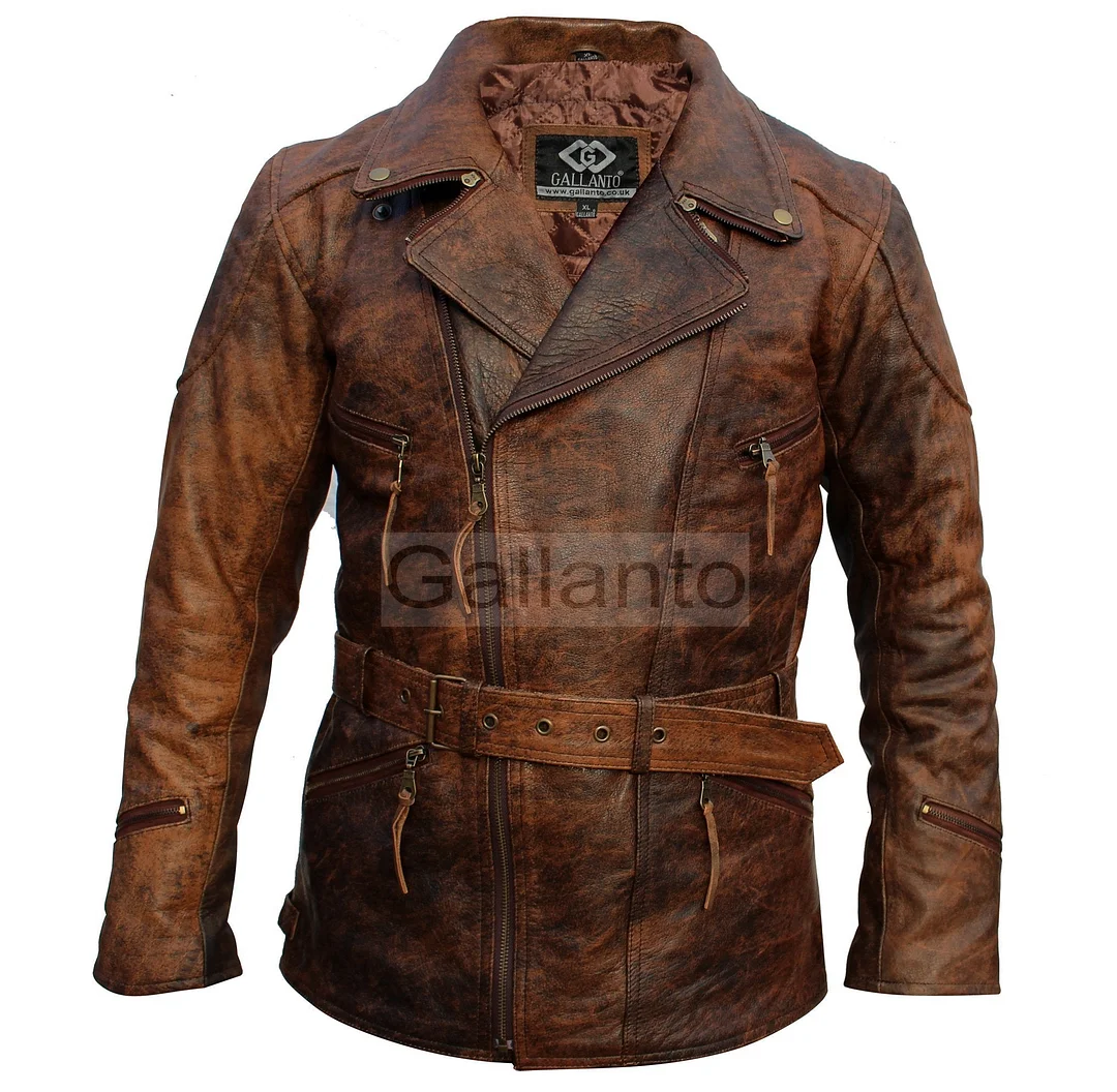Mens 3/4 Length Eddie Biker Tan Distressed Leather Motorcycle Jacket