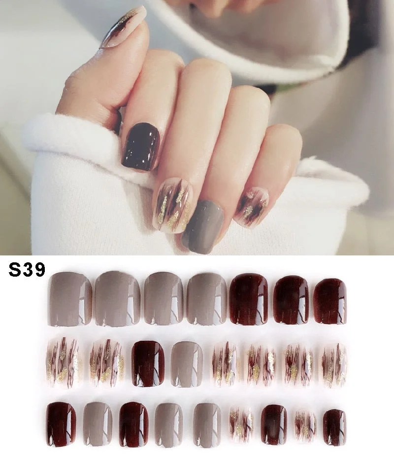 24pcs/set Elegant Fake Nails Black White Stripe Color Mix Chic Short False Nails with Pearl Rhinestone Square Acrylic Nails Tips-Nail Inspo