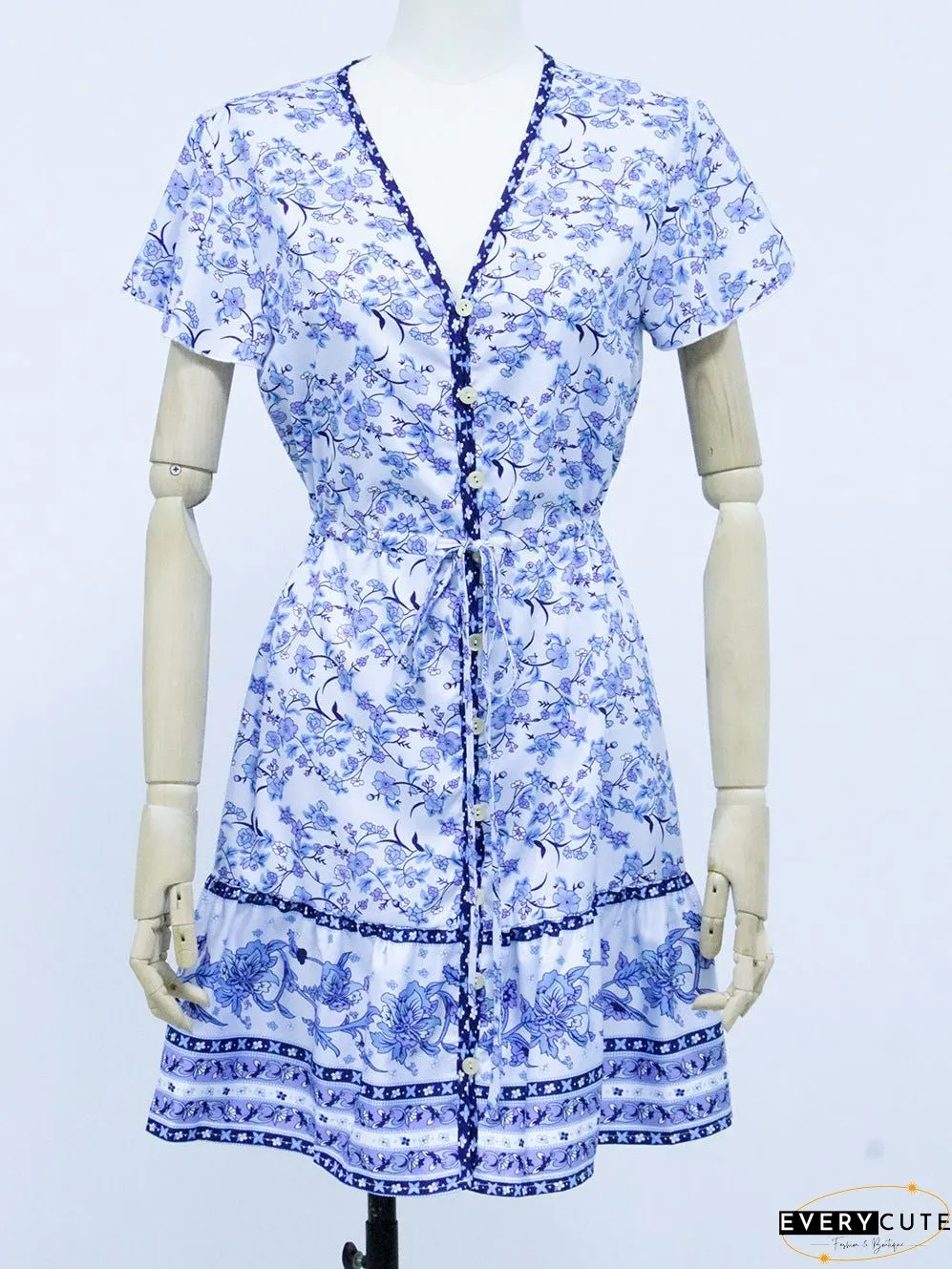 Spring and Summer New Beach Skirt V-Neck Short Sleeve Bohemian Dress