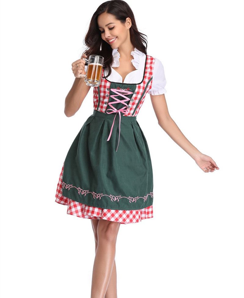 Halloween Costume Beer Girl Red Lace Up Plaid Oktoberfest Costume Novameme