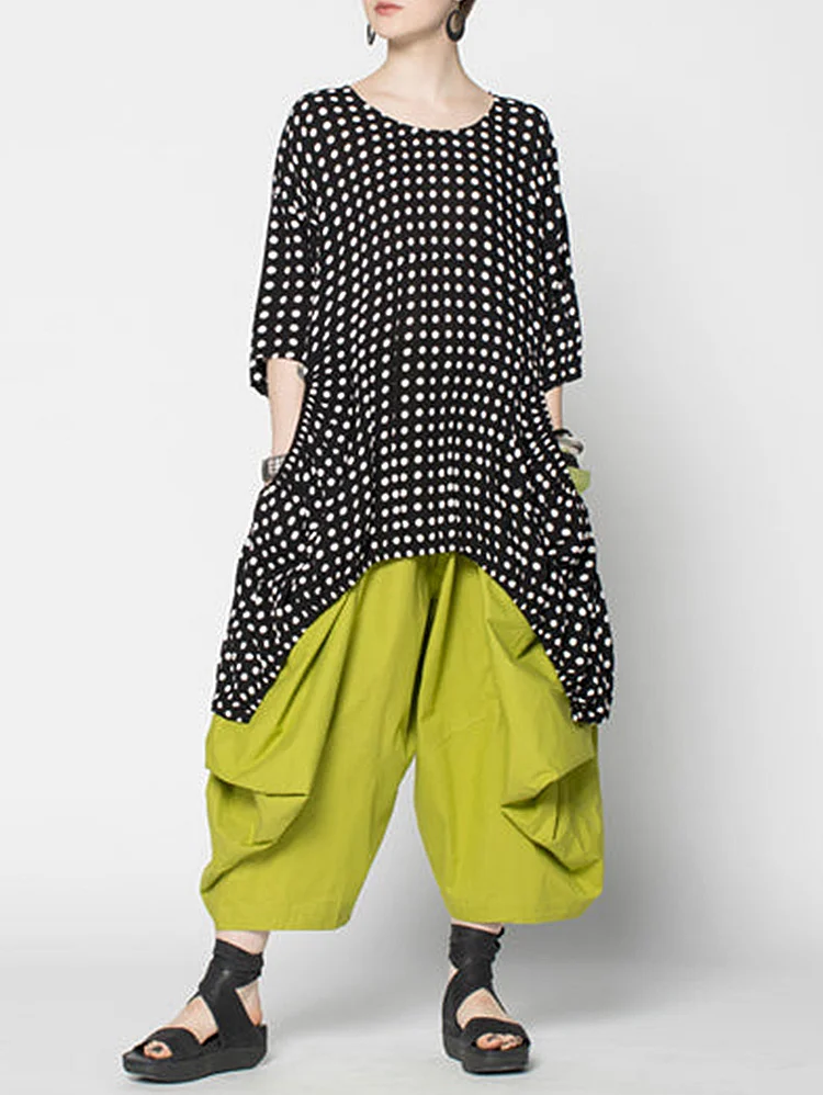 Casual Polka Dot Print Pocket Half Sleeve Sharkbite Hem Shirt