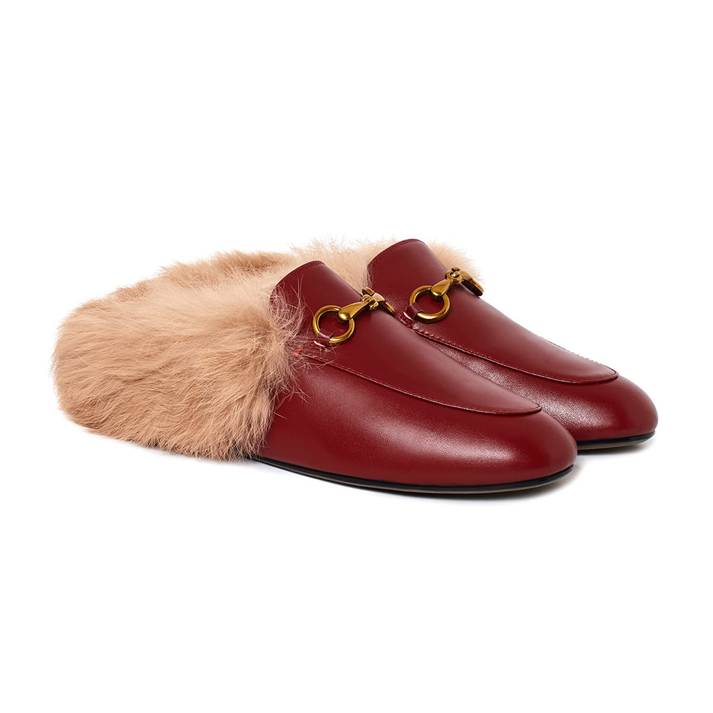 Wine Rabbit Fur Flats Mules Shoes-vocosishoes