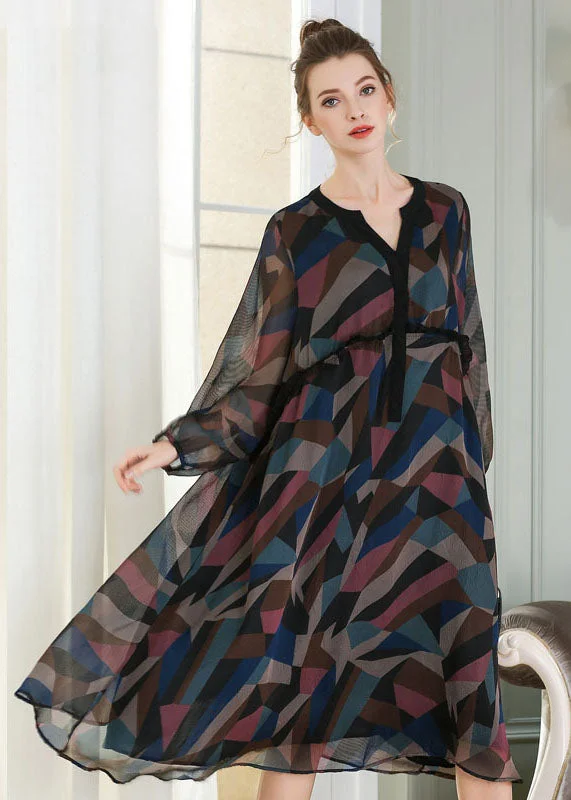 French V Neck Ruffled Patchwork Print Chiffon Maxi Dress Spring