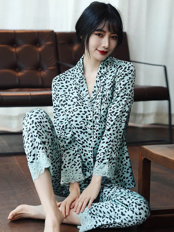 Comfortable Lapel Leopard T-Shirt&Pants Pajama Set