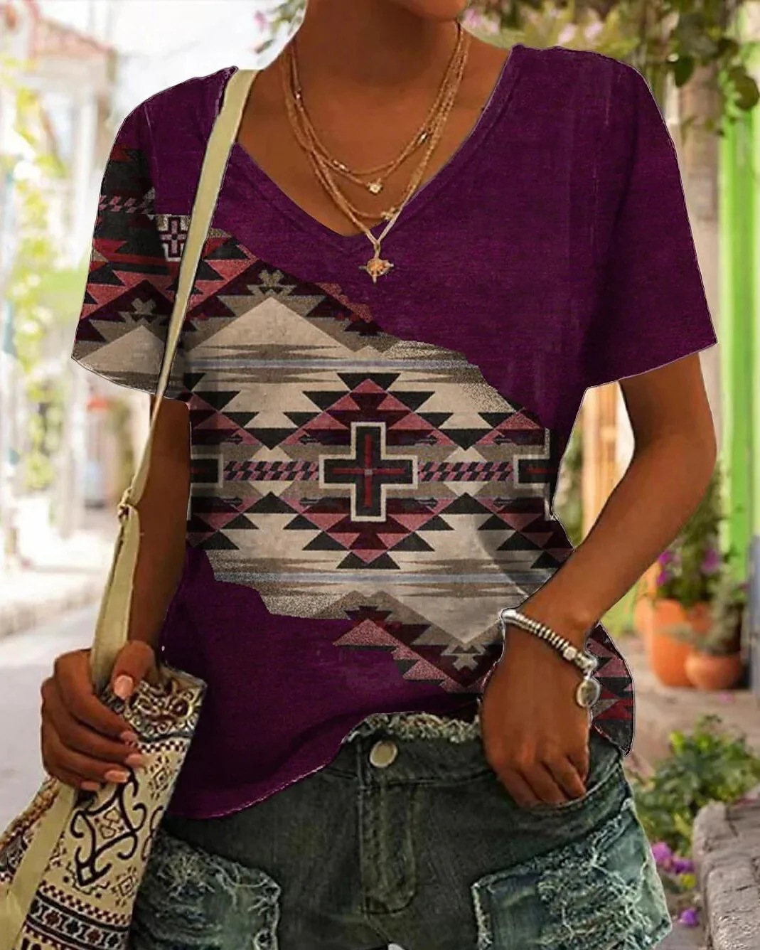 Geometric Print Short Sleeve T-Shirt Top