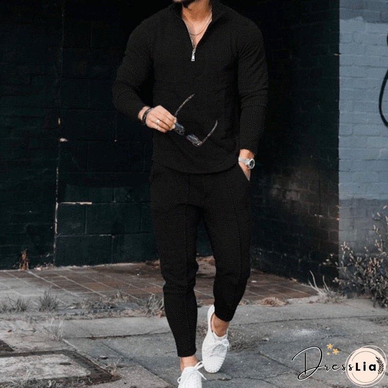 Men's Activewear Casual Half Zip Stand Collar Long Sleeve Pullover T-Shirt and Pant Set Men's Streetwear Solid Color 2 Piece Set