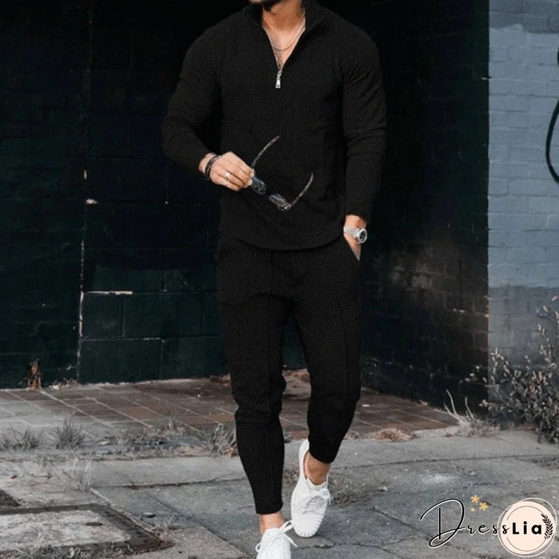 Men's Activewear Casual Half Zip Stand Collar Long Sleeve Pullover T-Shirt and Pant Set Men's Streetwear Solid Color 2 Piece Set