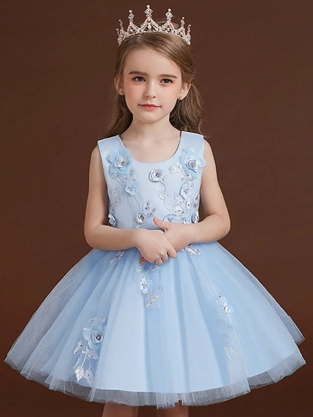 Daisda Ball Gown Sleeveless Jewel Neck Flower Girl Dresses  Tulle  Satin Chiffon  With Bow Appliques