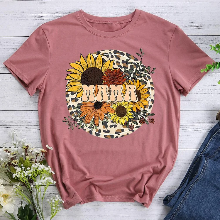 Mama  Sunflower Round Neck T-shirt