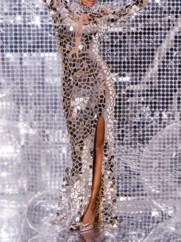 Shiny Sequinned Mesh splicng Long Sleeves split-side Maxi Dresses Party Dresses