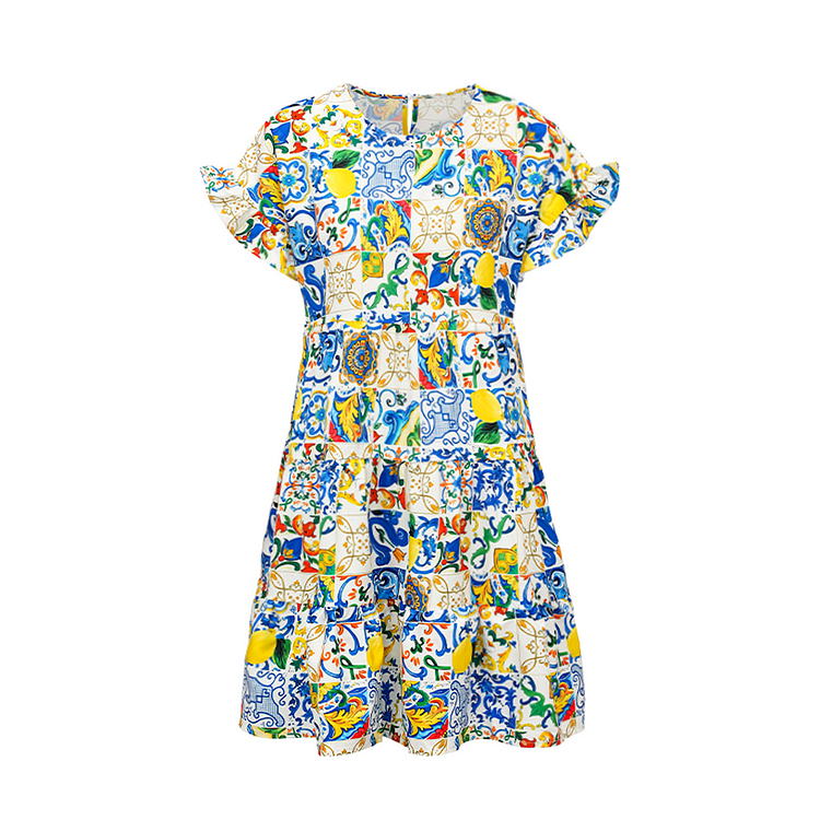 Lemon Majolica Print Mini Dress Flaxmaker