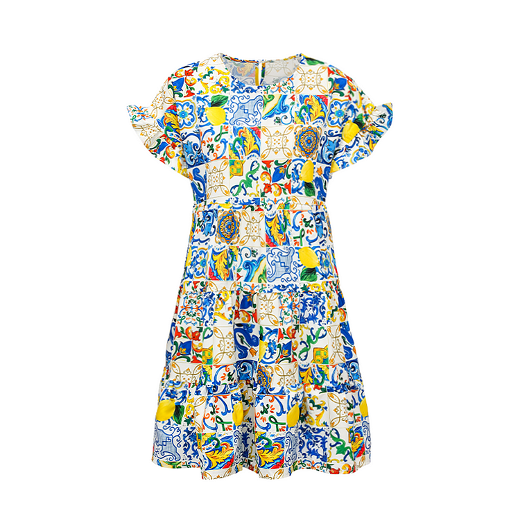Flaxmaker Lemon Print Frilled Mini Vacation Dress