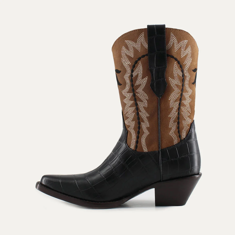 Black & Brown Croc Embossed Snip Toe Embroidered Cowgirl Boots