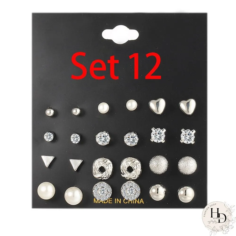 Pairs Flower Womens Earrings Set Pearl Crystal Stud Boho Geometric Tassel For Women