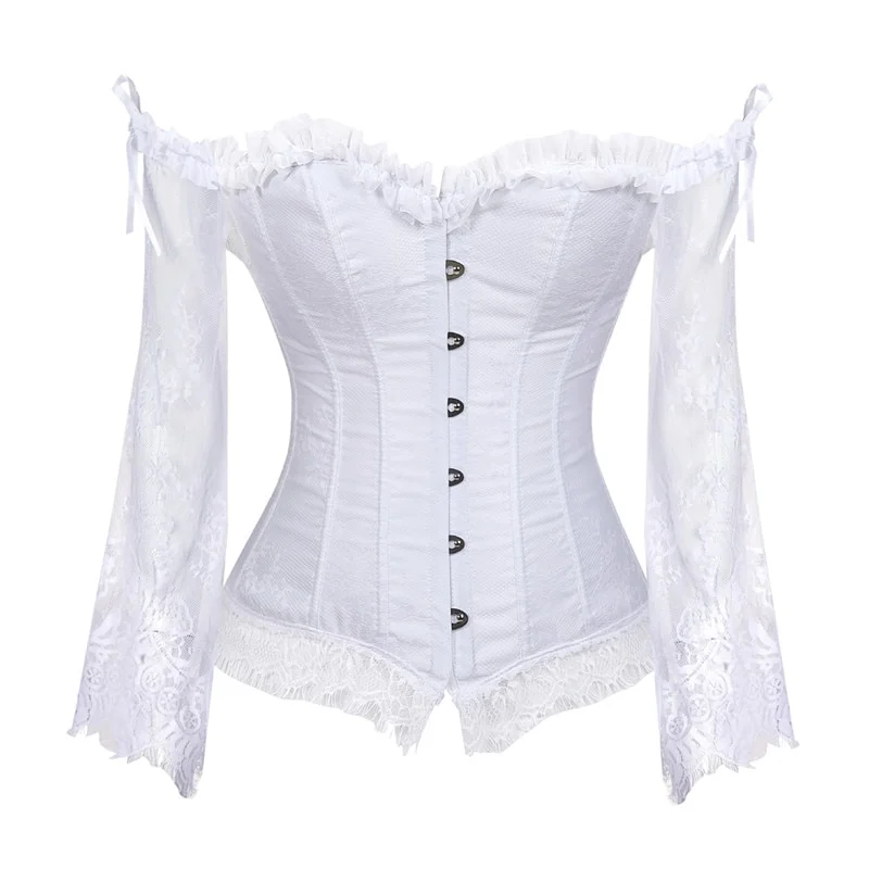 Billionm Sapubonva Corset Tops for Women with Sleeves Vintage Style Victorian Retro Burlesque Lace Corset and Bustiers Vest Fashion White